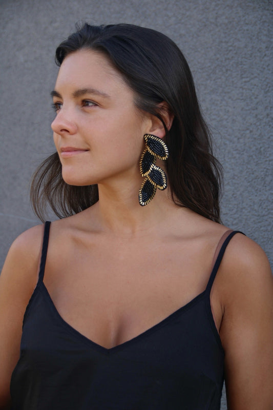 Aros Hojas Bordadas Negro